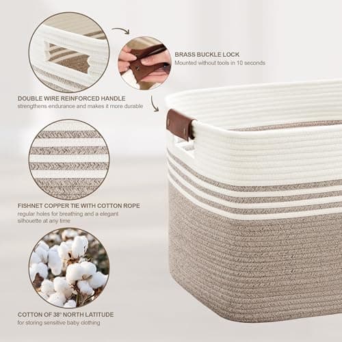 SunNewt 60L Large Laundry Basket with Leather Handles for Living Room Storage, Woven Rope Baskets Bin for Blanket, Gifts, Wicker Hamper for Bedroom Dirty Clothes, 21"x15"x11" White Brown — view 4