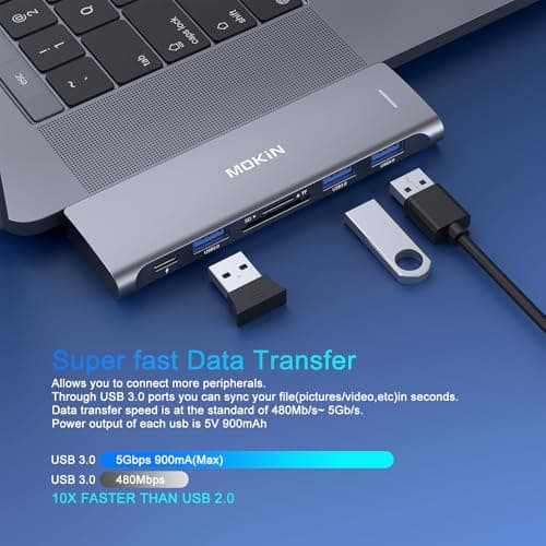 USB C Adapter for MacBook Pro/Air M1 M2 2021 2020 2019 2018,MOKiN Hub MacBook Pro Accessories with 3 USB 3.0 Ports,USB C to SD/microSD Card Reader and 100W Thunderbolt 3 PD Port — view 2