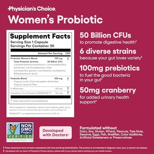 Physician's CHOICE Probiotics for Women - PH Balance, Digestive, UT, & Feminine Health - 50 Billion CFU - 6 Unique Strains for Her - Organic Prebiotics, Cranberry Extract+ - Women Probiotic - 30 CT — view 5