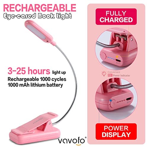 VAVOFO Rechargeable Book Light for Reading in Bed Kids, 7 LED Reading Light with 9-Level Warm Cool White Daylight, Eye Care Lamp with Power Indicator for Bookworms (Pink) — view 4
