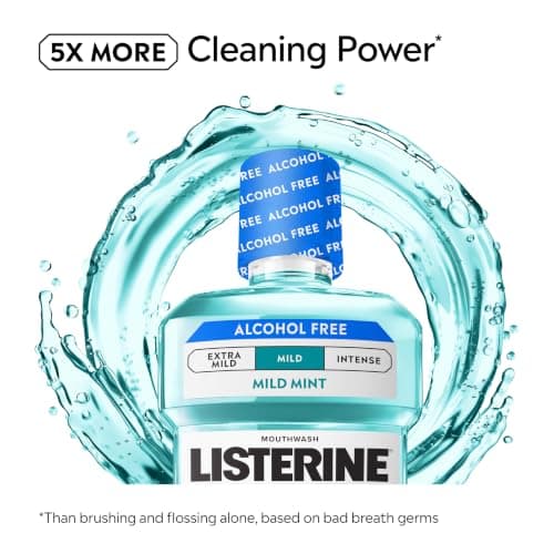 Listerine Cool Mint Alcohol-Free Mild Mouthwash, Oral Rinse Kills 99.9% of Germs that Cause Bad Breath, Less Intense Taste, Mild Mint Flavor, 1 L — view 2