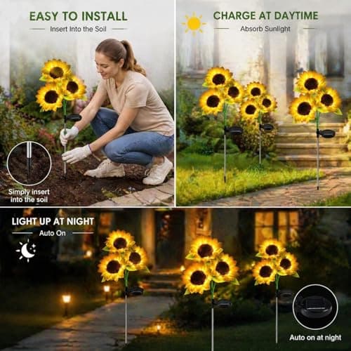 2PCS Solar Sunflower Lights Garden Stake, Garden Decor，800mAh Waterproof Garden Stake Lights with Realistic Flowers，Yellow, 6 Flowers, Outdoor Decorative Lawn Ornament — view 4