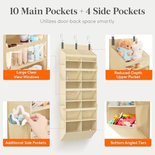 Lifewit 1 Pack Over the Door Organizer, 10 Section Clear Window Hanging Storage with 4 Side Pockets, Sturdy Anti Tilt 40 lbs Load Behind Door for Closet, Bedroom, Bathroom, Nursery, Dorm, Beige — view 2
