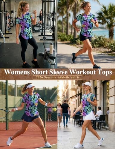 LOMON Cooling Workout Shirts for Women Short Sleeve Athletic Tops Quick Dry Moisture Wicking UV Sun Protection Hiking Gym Tee Floral Print 1, Large — view 2