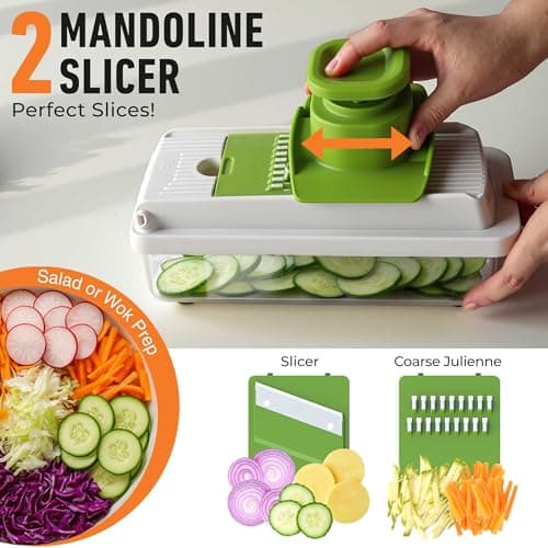Mueller Vegetable Chopper, Mandoline Slicer, Food Veggie Chopper, Cheese Grater, Onion Vegetable Cutter with Container, Dicer, Kitchen Gadgets & Essentials, White Sand/Green — view 4