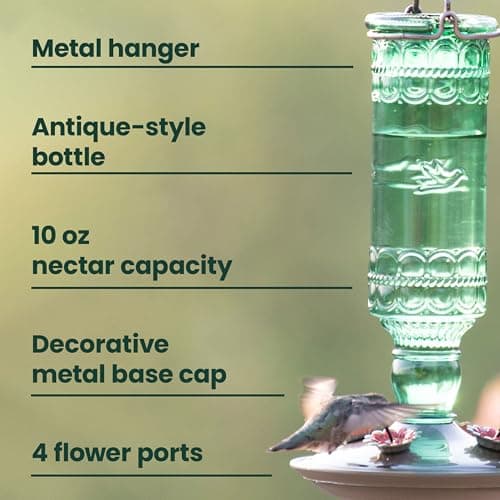 Perky-Pet Glass Bottle Hummingbird Feeder - Outdoor Garden Décor Humming bird Feeder, 8108-1SR - 10 Fl Oz Nectar Capacity - Durable Green Antique Design - Hang from Tree, Porch, Deck, Hook — view 2