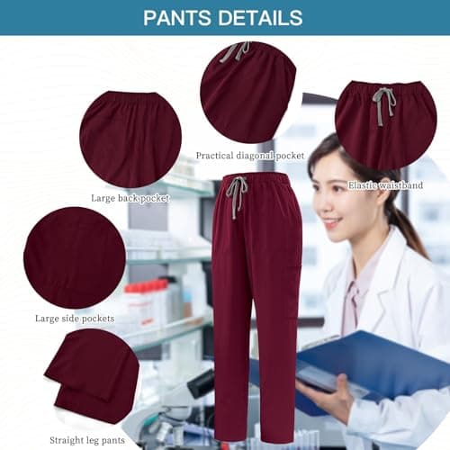 VIAOLI Scrubs Set Multiple pockets V-Neck Top and Drawstring Scrub Pant - Medical Uniform Women Scrub Set Clearance, Burgundy, Medium — view 2