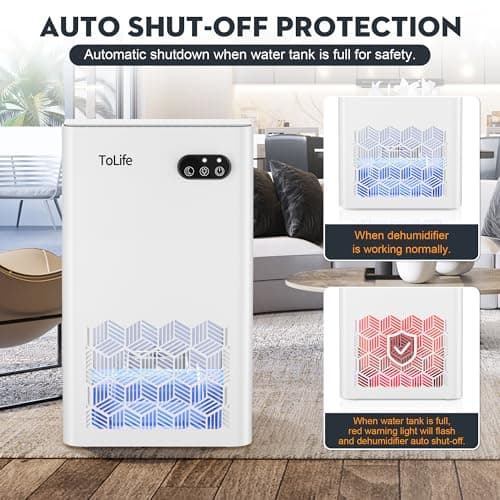 ToLife Dehumidifier for Home, 1000 sq.ft Dehumidifiers for Bedroom Bathroom Basement with 95 OZ Water Tank, Auto Shut Off 7 Colors LED Light, White Black — view 5