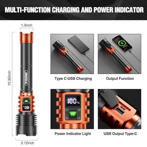Wdtpro Rechargeable LED Flashlights High Lumens, Super Bright 90,000LM Rechargeable Flashlight with LCD Display, 5 Modes & Waterproof Powerful 10000mAh Handheld Flashlight for Camping Emergency Orange — view 3