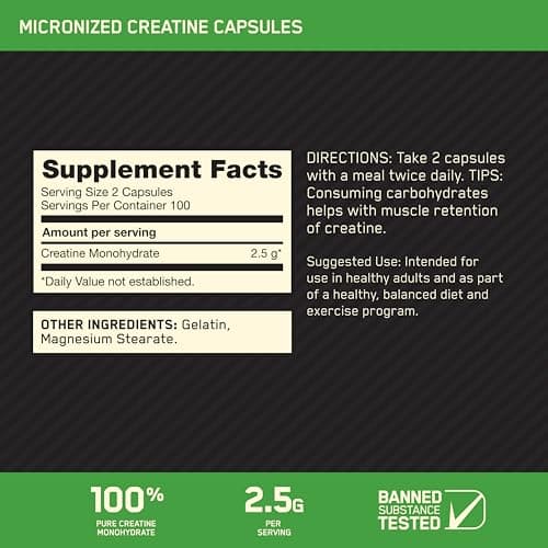 Optimum Nutrition Creatine, Micronized Creatine Monohydrate Capsules, Supports Strength & Recovery, Banned Substance Tested, 2.5g per Serving, 100 Servings, 200 Count