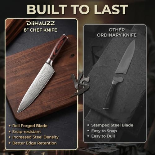 DiiHAUZZ Chef Knife, 8 Inch 5Cr15MoV High Carbon Stainless Steel Kitchen Knife with Ultra Sharp Edge, Ergonomic Pakkawood Handle, Sheath and Gift Box — view 2