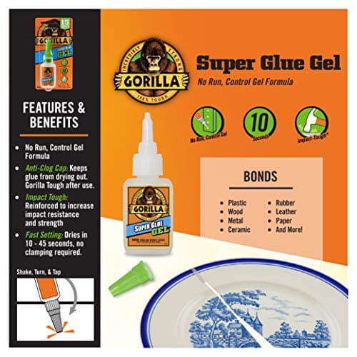 Gorilla Super Glue Gel, Fast-Setting, Thick Formula with Anti-Clog Cap, Clear Cyanoacrylate, 0.53oz/15g, Pack of 1