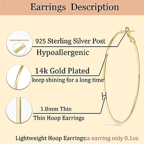 Cocadant 3 Pairs 50mm Big Gold Hoop Earrings for Women,Stainless Steel Big Hoop Earrings 14K Gold Plated Silver Hypoallergenic Hoops set — view 4