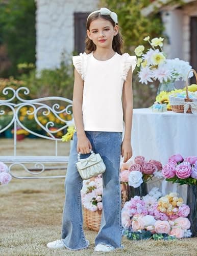 Arshiner White T Shirts for Kids Fashion Summer Tops Mesh Ruffle Flying Short Sleeve Casual Girls Tops Plain Tee 5-6 Years — view 4