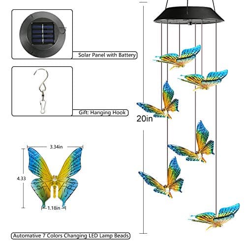 Toodour Solar Wind Chimes, Color Changing Solar Butterfly Wind Chimes, LED Decorative Mobile, Waterproof Solar Outdoor Lights for Patio, Balcony, Window, Garden, for Mom/Grandma