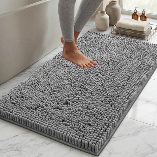 Bath Mat by LuxUrux, Extra-Soft Plush Non-Slip Bathroom Rug, Luxury Chenille Microfiber Material, Super Absorbent Shaggy Bath Rug. Machine Wash & Dry (15 x 23, Light Grey)
