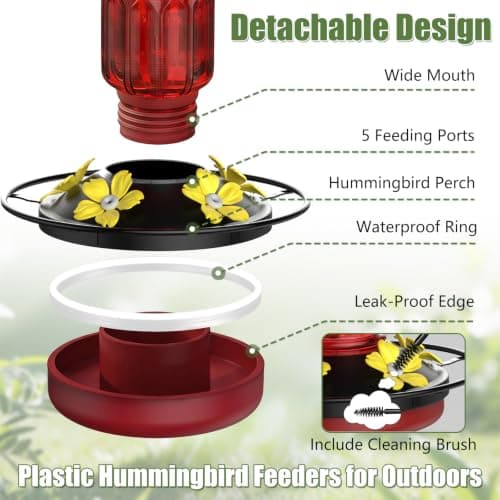 Hummingbird Feeders for Outdoors, Hanging Hummingbird Feeder with 5 Flower-Shaped Feeding Ports, 16 Oz Bird Feeder with Bee Proof & Built-in Ant Moat, Outdoor Garden Decor Gifts for Women Mom — view 2