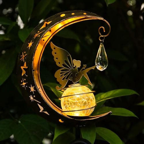 LOVERUIS Fairy Solar Light Garden Outdoor Decorative, Moon Fairys Glass Globe with Angel Decor, Waterproof Warm LED Light for Pathway Lawn Patio Garden (Fairy)