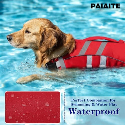 Paiaite Dog Life Jacket: Ripstop High Buoyancy Swimsuit with Reflective Stripes & Rescue Handle - Adjustable Preserver with Leash Hook for Swimming, Boating & Lake Activities for Dogs Red S — view 3