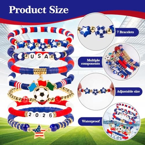 LAVORYNA 2026 Soccer Fan Gear Bracelet Set For Women Souvenirs, National Flag & Soccer Charms Heishi Bead Jewelry Outfits Clothes Styling Accessories For Party Gifts - USA — view 2