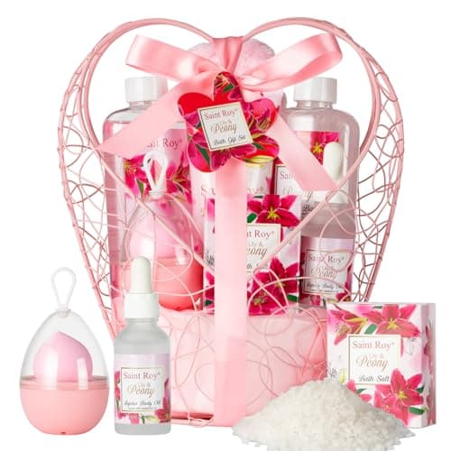 Spa Basket Gift for Women, Lily & Peony Home Shower Bath Kit, Personal Care Gift Set, Coconut & Honey Almond Beauty, Home Bath Pampering Luxury Bath and Body Home Spa Kit, Mother's Day Gifts for Mom