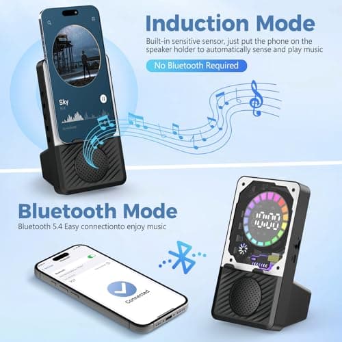 Auriani Wireless Induction Speaker, 5 in 1 Bluetooth Speaker with Cell Phone Stand, Phone Holder with Rechargeable Colorful Light and Alarm Clock for iPhone/Android/iPad