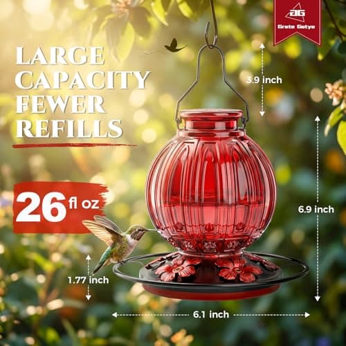 Glass Hummingbird Feeder for Outdoors Hanging, 26Oz Bird Nectar Feeder with Perch & 5 Flower Feeding Ports, Leak Proof for Outside Garden Decor Backyard, Gifts for Women Mom, Red — view 3