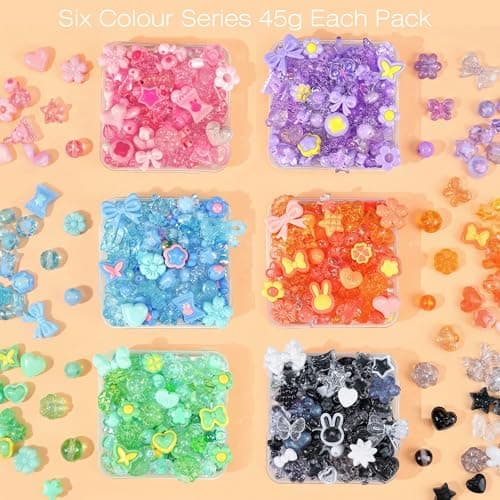 Sistenia 480PCS Acrylic Beads for Bracelet Making Kit with String, 6 Colors Assorted Cute Beads Bracelet Charms for Jewelry Making, Kawaii Bow Star Flower Shape for DIY Keychain Bag Necklace Charms — view 3