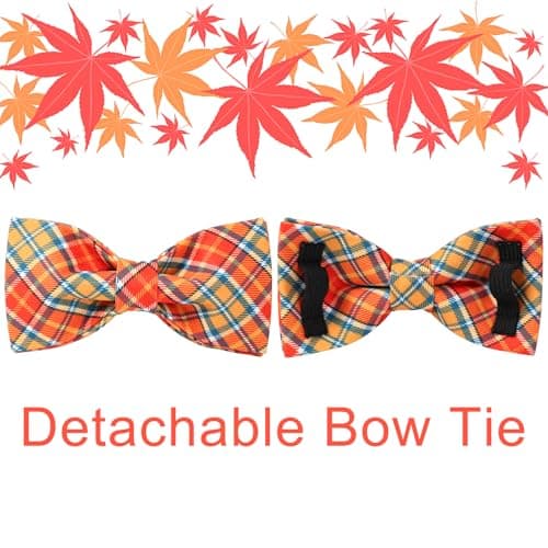 UP URARA PUP Autumn Plaid Dog Collar and Bow Tie Set – Orange Yellow Checkered Adjustable Fall Collar with Maple Leaf Charm for Small Medium Large Dogs, Soft Cotton Pet Collars with Buckle and D-Ring — view 3