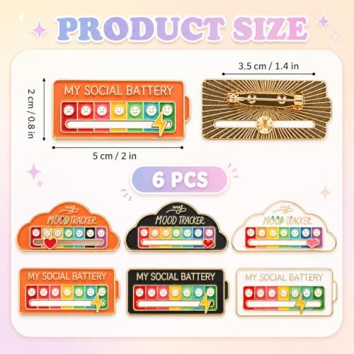 6PCS Social Battery Pin, My Social Battery Pin with 7 Mood Sliding Indicator, Funny Enamel Pins for Introverts, Cute Brooch Badges for Bag Backpacks Hat Jackets Gifts (A)