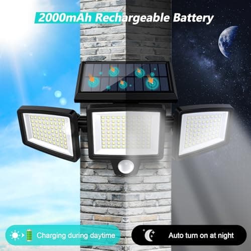 Solar Motion Sensor Outdoor Lights - 2500LM Bright LED Security Flood Light - Adjustable 3 Head Night Lighting Solar Powered IP65 Waterproof with Remote for Outside Garage Yard — view 3