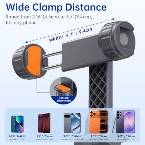 SYNCWIRE Tripod Phone Mount, Universal Smartphone Mount Adapter with 2 Cold Shoe and 1/4" Screw, 360° Rotates and 180° Tilts Adjustable Cell Phone Clamp Holder for Enhancing Mobile Photography Setup — view 4