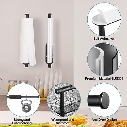 Paper Towel Holders for Kitchen,Paper Towels Bulk- Self-Adhesive Under Cabinet,Both Available in Adhesive and Screws,Stainless Steel Paper Towel Roll Rack (1, Bright Black) — view 5