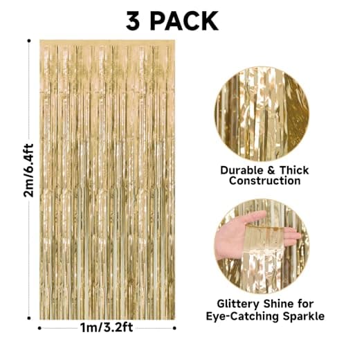 jijAcraft Champagne Gold Tinsel Foil Fringe Curtain, 3 Pack 3.2x6.5 Feet Light Gold Party Photo Backdrop for Bridal Showers Wedding Engagement Anniversary Birthday Graduation New Year’s Decorations
