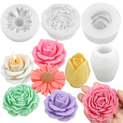 ZQYSING Flower Candle Molds Set, 3D Rose, Daisy, Peony, Tulips Floral Molds