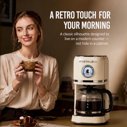 Nostalgia Classic Retro 10 Cup Coffee Maker - One-Touch Drip Brew, Reusable Filter - Anti-Drip, Auto Shutoff, & Time Display - Dishwasher Safe 50 oz Carafe - Cream — view 5