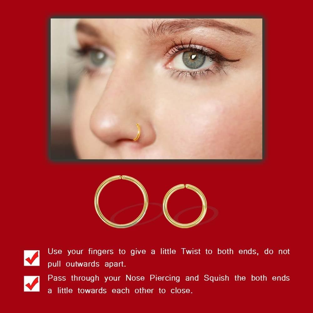 2pcs Gold Nose Ring Piercing Jewellery for Women, Nose hoops Snug and Super Snug Nose Ear Lip ring Tragus Septum 6mm+ 8mm 20g & 22g 316L Surgical Steel Hypoallergenic — view 5