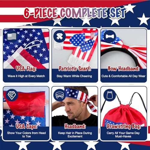2026 USA Soccer Fan Accessories Set, Patriotic Independence Day Bundle with Flag, Shawl, Scarf, Headband and Drawstring Bag for Sports Events & July 4th Festivities (United States) — view 5