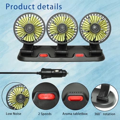 Portable 3 Head Car Cooling Fan 12V-360 Rotation,2 Speeds,for Car Dashboard, Powerful Cooling Solution for Sedan/SUV/RV/Truck/Van Vehicles,Cigarette Lighter Powered (3 Head-12v) — view 5