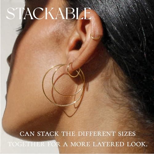 Senteria Thin Gold Hoop Earrings for Women 14k Gold Plated Hoop Earrings Hypoallergenic 925 Sterling Silver Post Lightweight Endless Large Big Gold Hoop Earrings 30/40/50/60/70mm — view 3