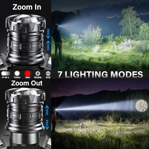 AKNEAR Rechargeable LED Headlamp with Red Light, 99000 High Lumens Head Lamp, Motion Sensor & 7 Modes & 95H Runtime, Zoomable & 90° Adjustable, IPX7 Waterproof Head Light for Adults, Outdoor (1 Pack) — view 2