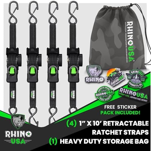 Rhino USA Retractable Ratchet Straps (4-Pack) - 1 Inch x 10 Feet (1,209lb Break Strength) - Auto Self Retracting Tie Down Straps for Truck, Cargo Trailer, Motorcycle, ATV, UTV - Black — view 5