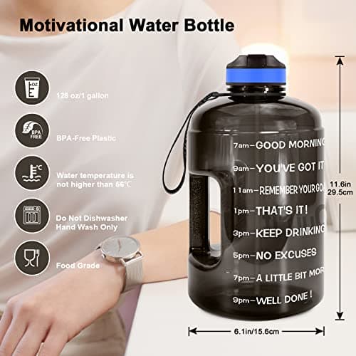 QuiFit Motivational Gallon Water Bottle - with Straw & Time Marker BPA Free Large Reusable Sport Water Jug with Handle for Fitness Outdoor Enthusiasts Leak-Proof(Black,1 gallon) — view 3