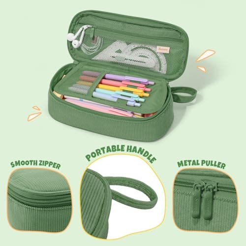 SUNEE Cute Pencil Case, Large Capacity Pencil Pouch, Soft Corduroy Pencil Bag, Big Storage Pen Organizer for Stationery, Aesthetic Zipper Pencil Box, Back to School Supplies for Teen Girls Boys, Green — view 5