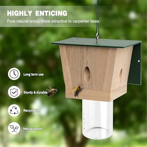 Carpenter Bee Trap for Outside - Green Pentroof Shed Style Nature Hanging Wood Carpenter Bee Traps Outdoor - Best Bee Trap - Insect Traps with Removable Vault (1 Pack) — view 2