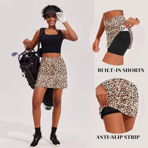 Ekouaer Golf Skirts for Women Tennis Skort Inner Shorts Pocket 16" Athletic Skirt Pickleball Skorts Running Workout,Leopard Large — view 2
