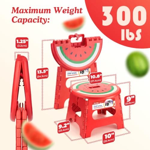 ACSTEP 9 Inch Folding Step Stool for Kids, Sturdy Collapsible Step Stool Foldable Up to 300 lbs for Toddlers, Non Slip Foot Stools with Handle for Kitchen, Bathroom, Bedroom, Outdoor, Watermelon Red — view 4