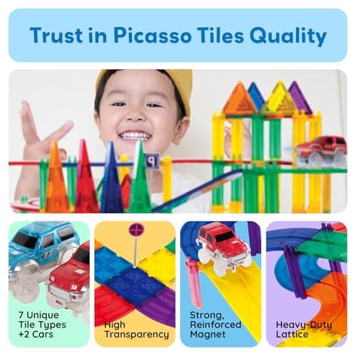 PicassoTiles 100 PCs Race Car Track Set Magnetic Toy Building Block with 2 LED Cars with Height Adjustable Roads Signs Education STEM Building Kit Learning Construction Fun for Boys & Girls Ages 3+ — view 5