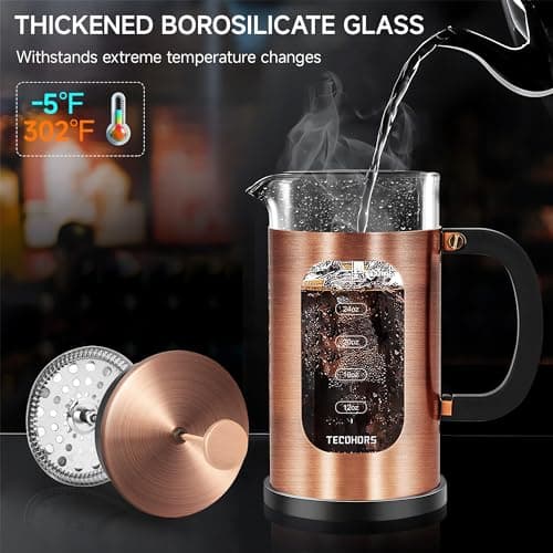 TECOHORS French Press Coffee Maker 34oz / 1 Quart 304 Stainless Steel Coffee Press,with 4 Filters System, Heat Resistant Thickness Borosilicate Glass, Brewed Coffee Pot (Copper) — view 2