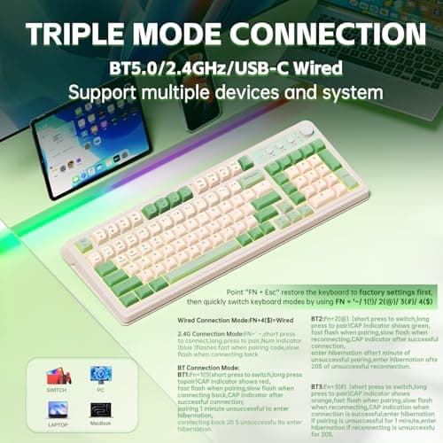 AULA S99 Gaming Keyboard, Wireless Computer Keyboards, Tri-Mode Bluetooth/2.4GHz/USB-C Custom Creamy Keyboard with Number Pad, RGB Backlit Media Knob Cute Programmable Keyboard for PC Gamer - Green — view 2